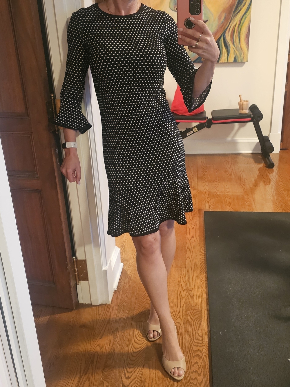 Michael Kors Black and White Polka Dot Midi Dress with Ruffle Hem